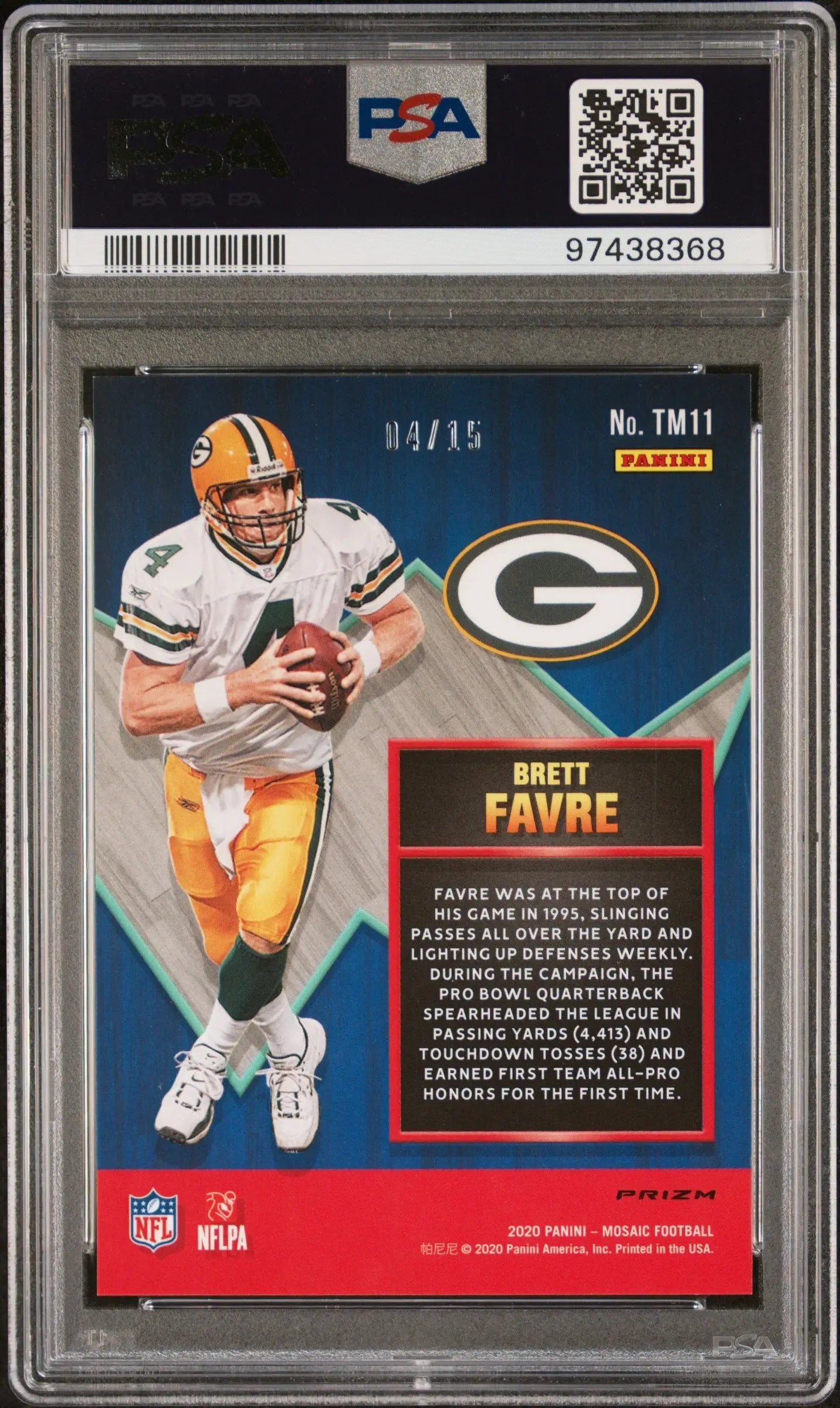 PSA-graded Brett Favre Panini Mosaic Touchdown Masters Blue #4/15 football card