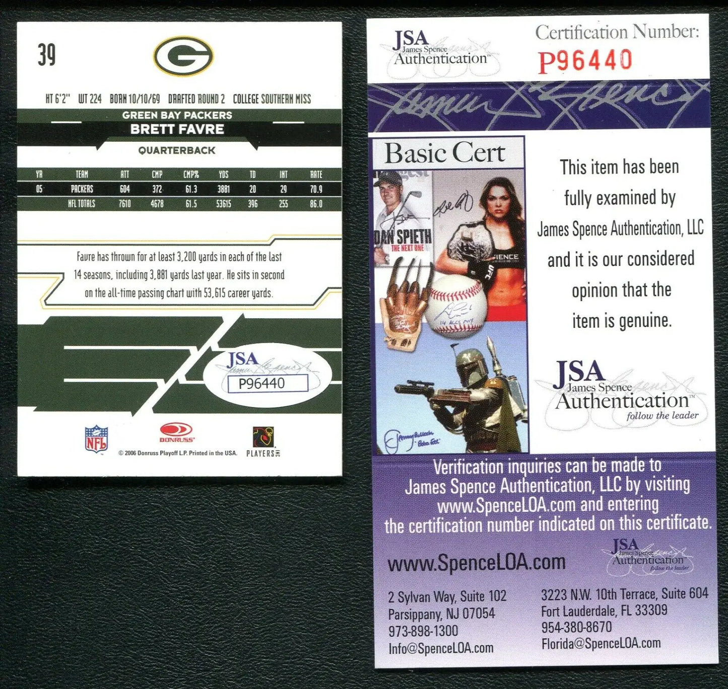 Brett Favre football card with JSA COA from 2006 Leaf Rookies trading cards