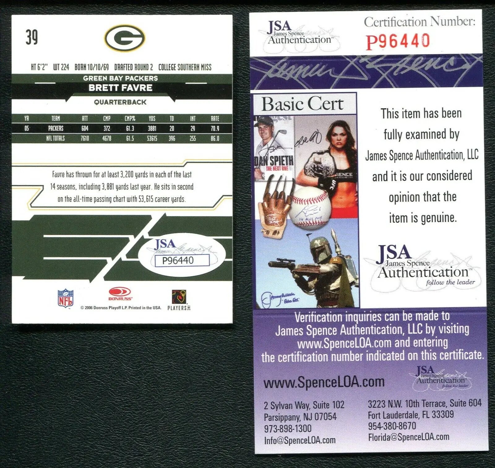 Brett Favre football card with JSA COA from 2006 Leaf Rookies trading cards