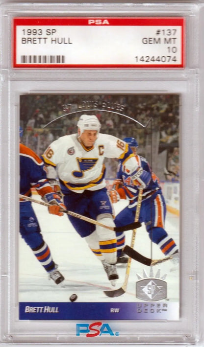 Brett Hull 1993 Upper Deck SP graded hockey card displayed in blues HOF collection
