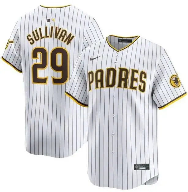 White and brown striped baseball jersey featuring Brett Sullivan of the San Diego Padres