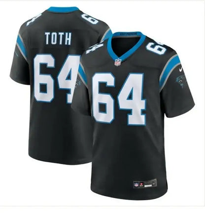 Black TOTH 64 Carolina Panthers Nike Game Jersey with light blue and white accents