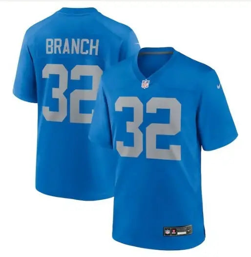Blue Detroit Lions Nike Alternate Game Jersey with BRANCH and 32 in silver