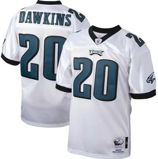 White Philadelphia Eagles Brian Dawkins 2004 throwback jersey with teal name and number