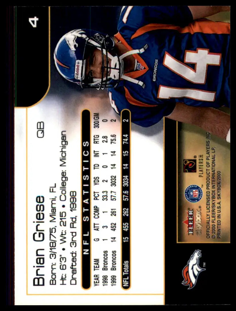 Brian Griese football card from 2000 SkyBox Denver Broncos collectible product