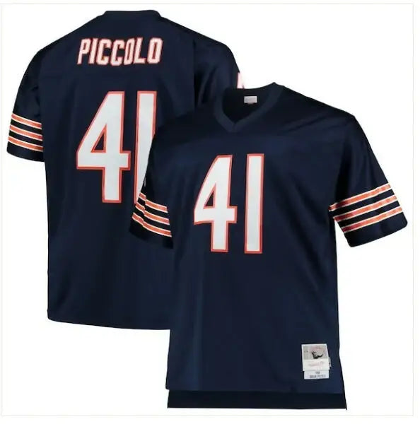 Navy blue Brian Piccolo Chicago Bears replica football jersey with white numbers and orange stripes