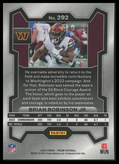 Collectible football trading card featuring Brian Robinson Jr. from Panini Prizm 2023