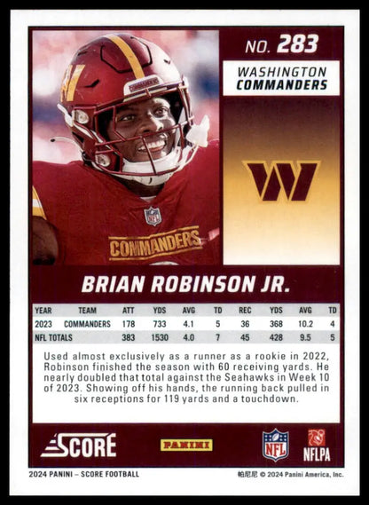 2024 Score Brian Robinson Jr. Washington Commanders trading card with stats and player image