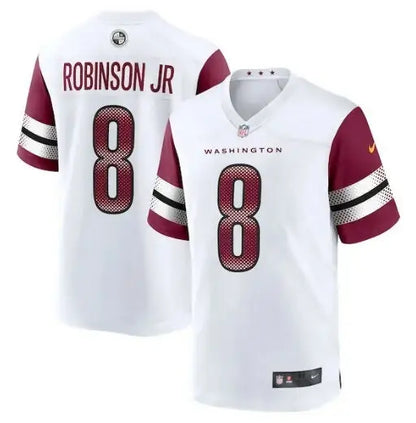 White Washington Commanders Brian Robinson Jr. Nike away jersey with maroon sleeves and number 8