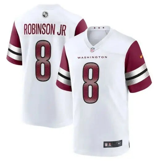 White Washington Commanders Brian Robinson Jr. Nike away jersey with maroon sleeves and number 8