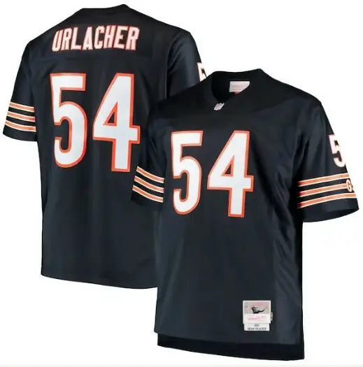 Black Chicago Bears Brian Urlacher #54 football jersey displayed in a navy replica jersey