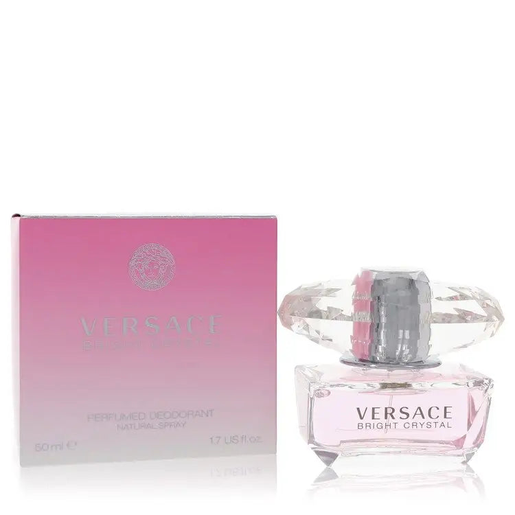 Pink glass perfume bottle and matching box for Bright Crystal by Versace deodorant spray