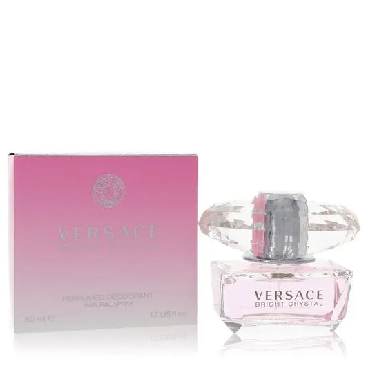Pink glass perfume bottle and matching box for Bright Crystal by Versace deodorant spray
