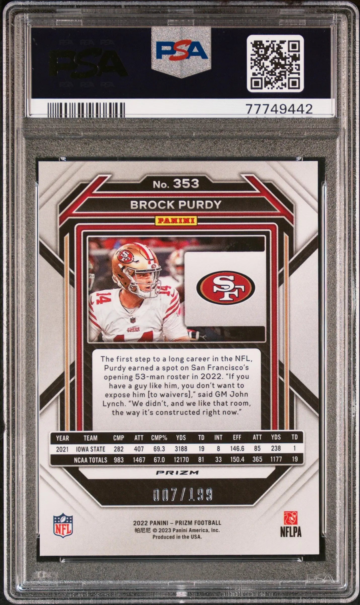 Brock Purdy 2022 Panini Prizm #353 Blue Wave #7/199 PSA 10 Gem Mint - Singles