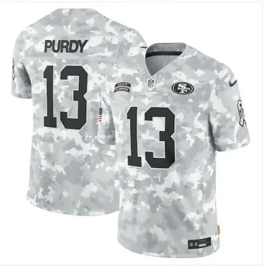 White and grey camouflage Brock Purdy San Francisco 49ers Nike 2024 jersey with number 13