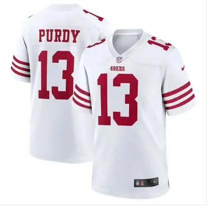 White San Francisco 49ers Brock Purdy Nike Game Player Jersey with red numbers and stripes