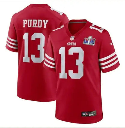 Red Brock Purdy San Francisco 49ers NFL jersey with 13 on front and back, Nike Super Bowl LVIII