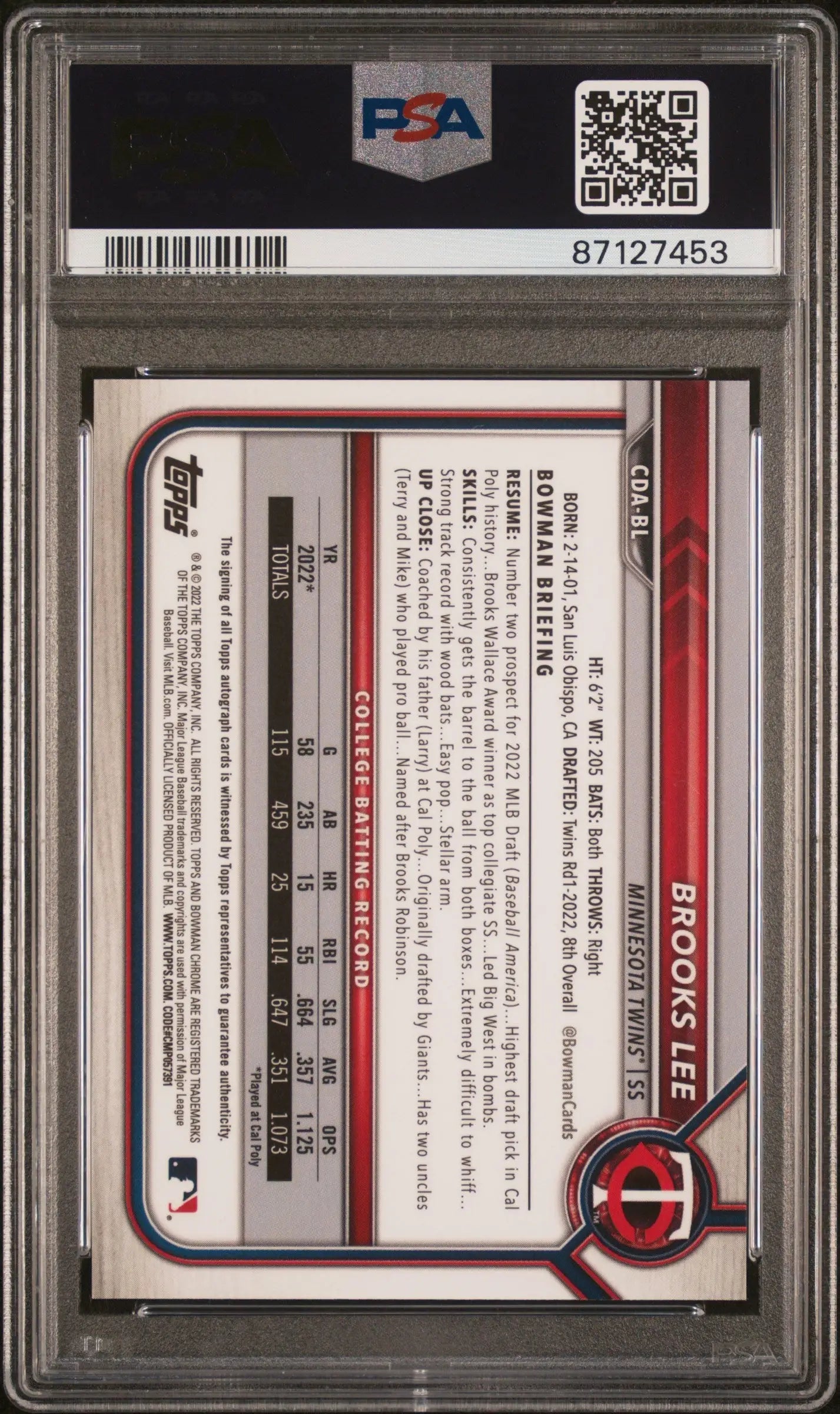 Graded Brooks Lee 2022 Bowman Chrome Draft Auto PSA 9 Mint baseball card