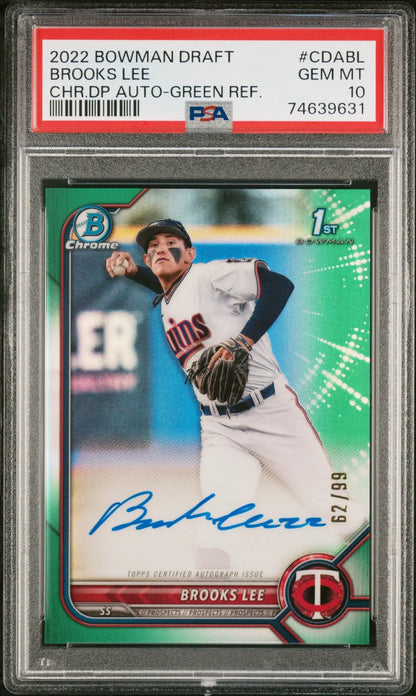 PSA-graded Brooks Lee 2022 Bowman Chrome Draft Green Refractor Auto card