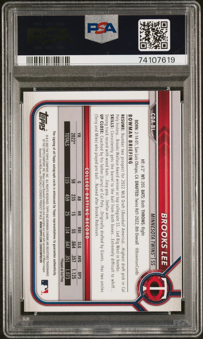 Graded Brooks Lee 2022 Bowman Chrome Draft Purple Refractor Auto card PSA 9