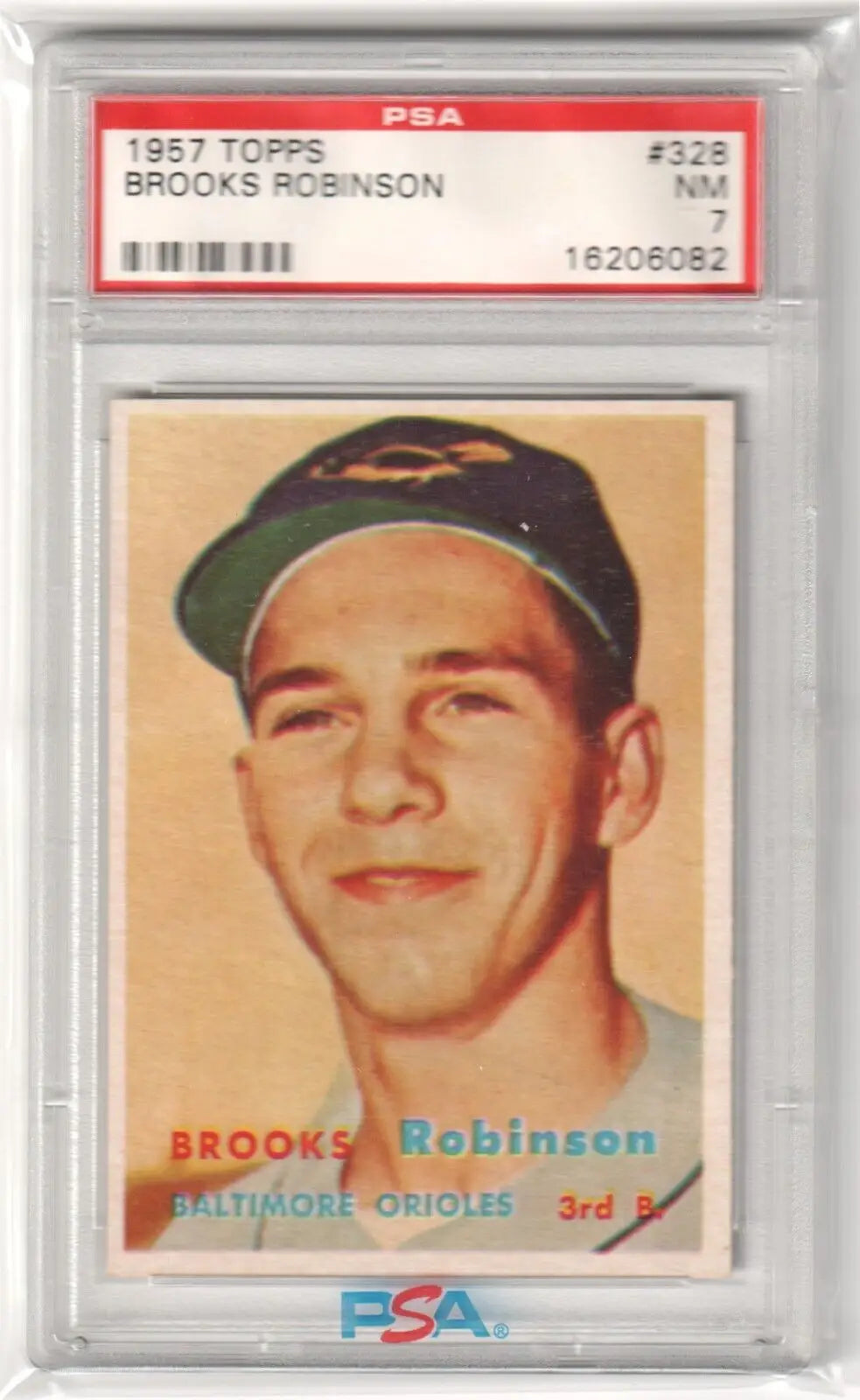 Graded Brooks Robinson rookie baseball card from 1957 Topps RC #328 PSA 7 NM displayed with Columbia Hobby and ESPN 2K Sports branding