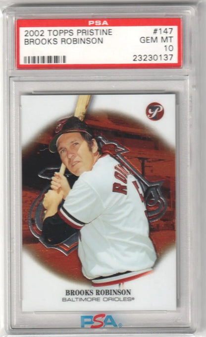Graded Brooks Robinson baseball card from Topps Pristine series, perfect PSA 10 GEM MINT