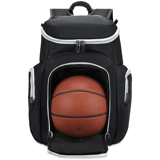 Black basketball backpack with ball compartment and large capacity for sports equipment
