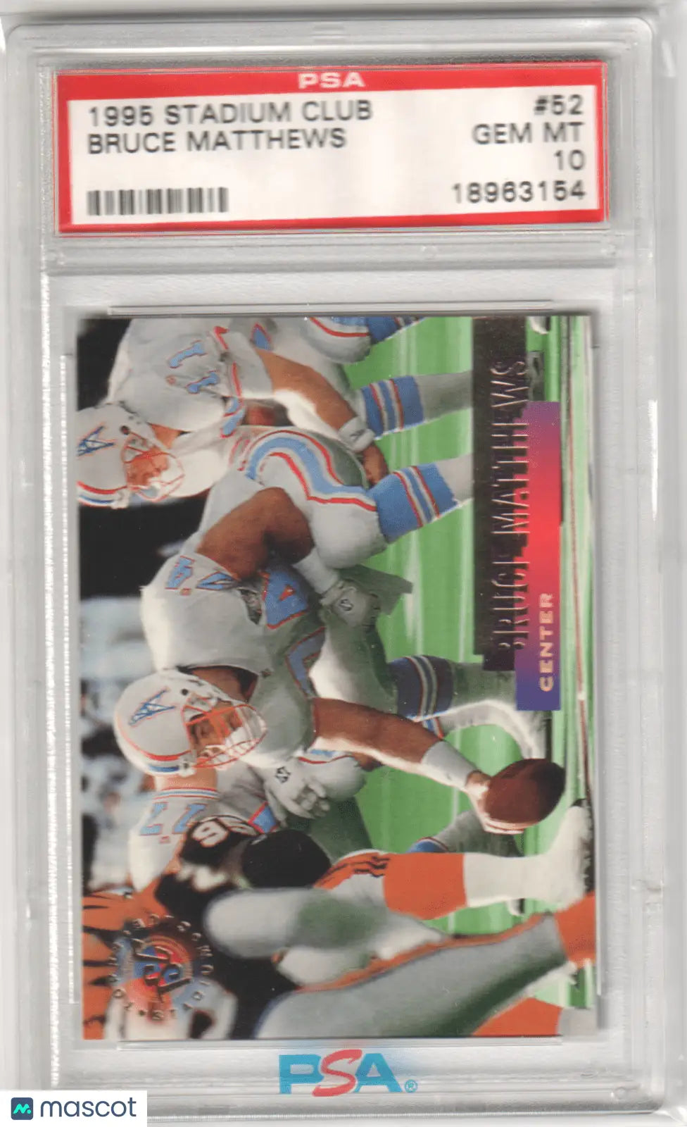 Graded Bruce Matthews football card from Topps Stadium Club displayed by Columbia Hobby