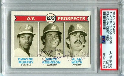 Signed 1979 A’s Prospects baseball card of Bruce Robinson and Alan Wirth PSA/DNA