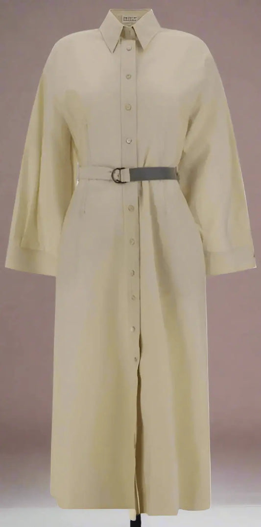 Brunello Cucinelli beige long dress with dark grey belt, midi length, elegant style