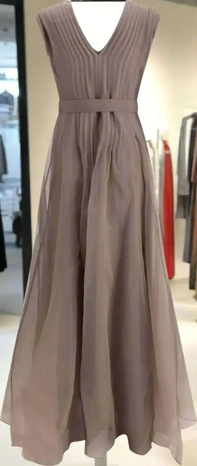 Silk long dress with pleated bodice and belt in light taupe or dusty rose color