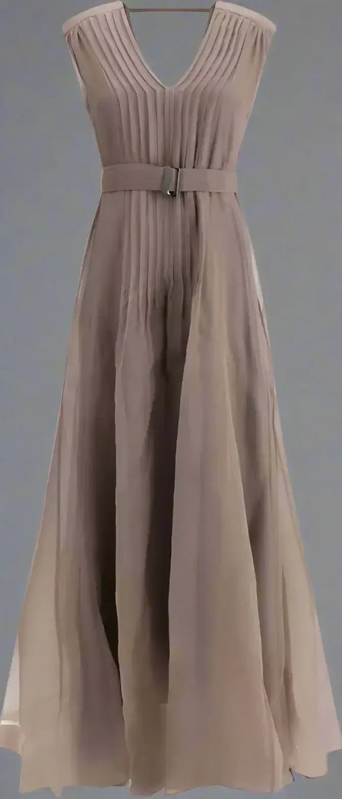 Taupe silk long dress with V-neck, pleated bodice, and matching belt for elegant style