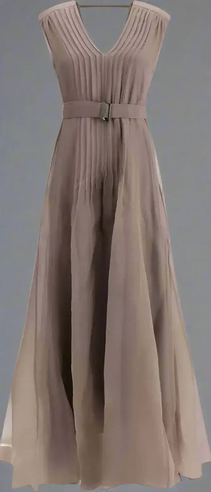 Taupe silk long dress with V-neck, pleated bodice, and matching belt for elegant style
