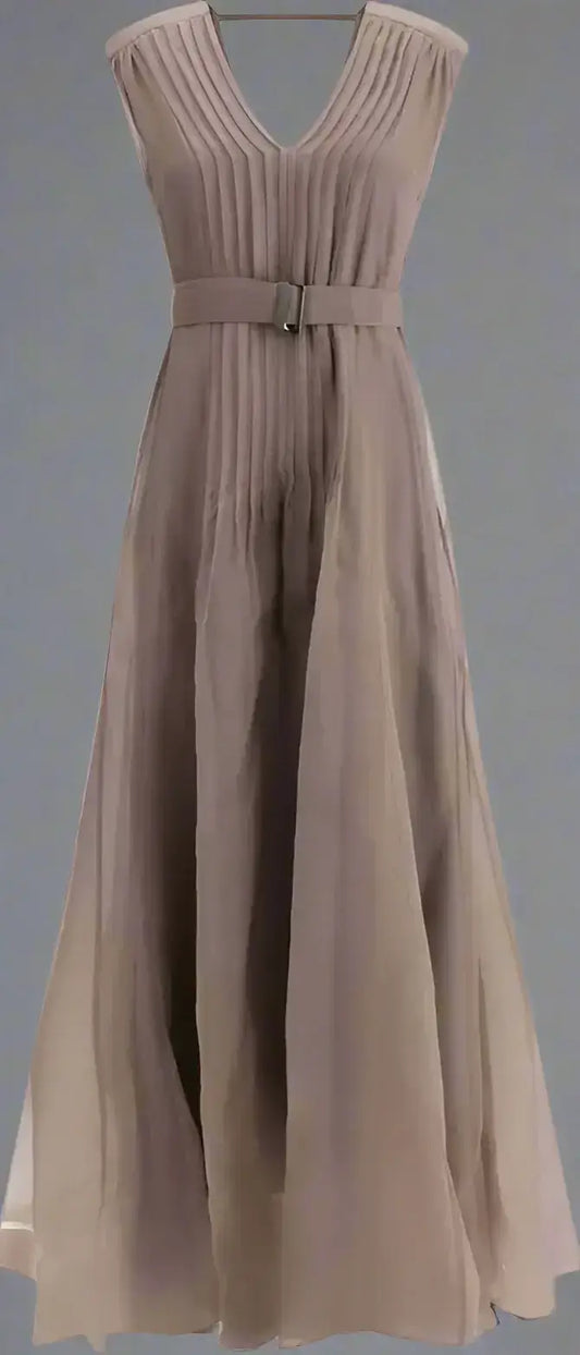 Taupe silk long dress with V-neck, pleated bodice, and matching belt for elegant style