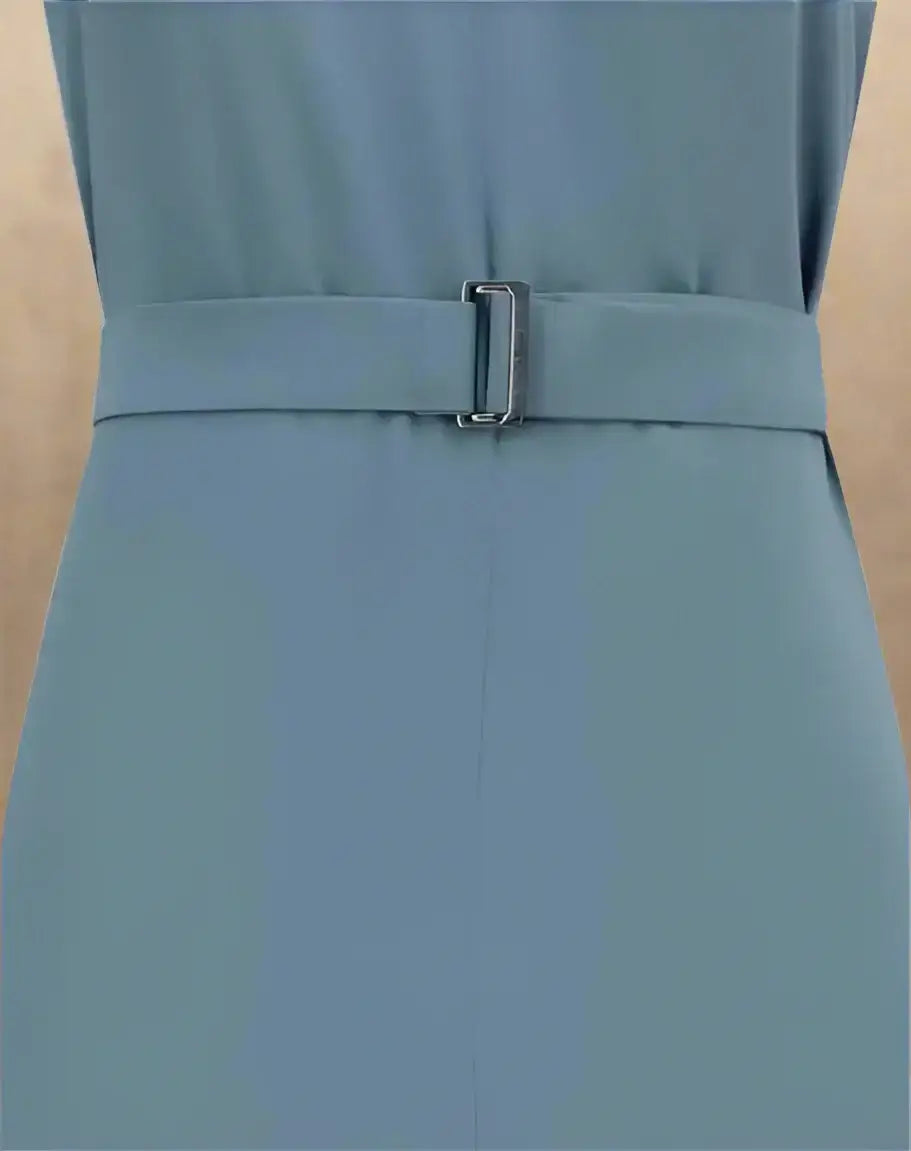 Close-up of Brunello Cucinelli blue-grey viscose maxi dress with matching belt and silver buckle