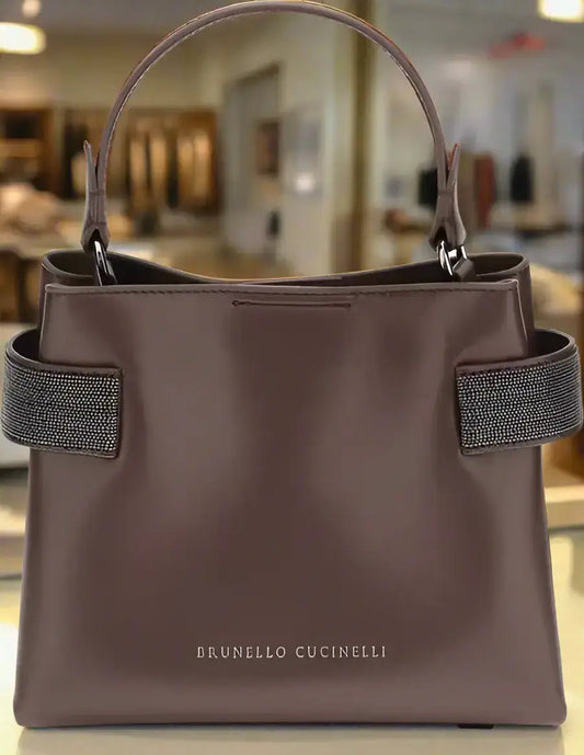 Brunello Cucinelli glossy brown leather handbag with embellished straps and removable interior pocket