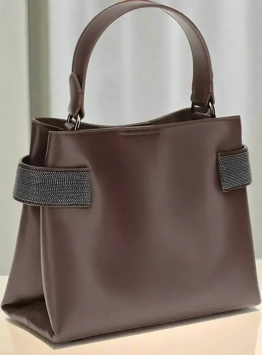 Brunello Cucinelli glossy brown leather handbag with sparkling embellished side straps