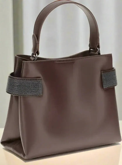 Brunello Cucinelli glossy brown leather handbag with sparkling embellished side straps