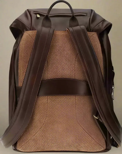 Dark brown leather backpack with perforated tan back panel for Brunello Cucinelli mens leather style