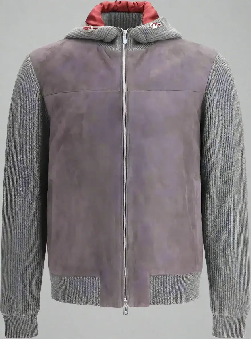 Men’s gray suede and knit hooded bomber jacket with red lining, Brunello Cucinelli english knit jacket