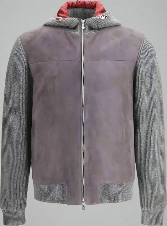 Men’s gray suede and knit hooded bomber jacket with red lining, Brunello Cucinelli english knit jacket