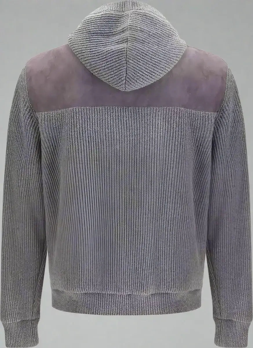 Men’s grey ribbed hooded sweatshirt with suede-like shoulder panel, part of Brunello Cucinelli english knit jacket collection