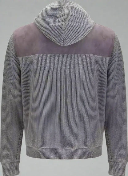 Men’s grey ribbed hooded sweatshirt with suede-like shoulder panel, part of Brunello Cucinelli english knit jacket collection