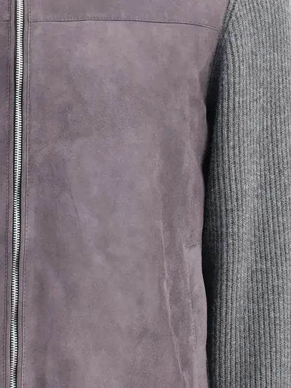 Purple suede Brunello Cucinelli men’s english knit jacket with grey ribbed knit sleeves