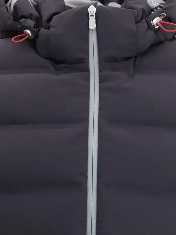 Brunello Cucinelli mens navy-grey hooded puffer down vest with light gray zipper and red drawstrings