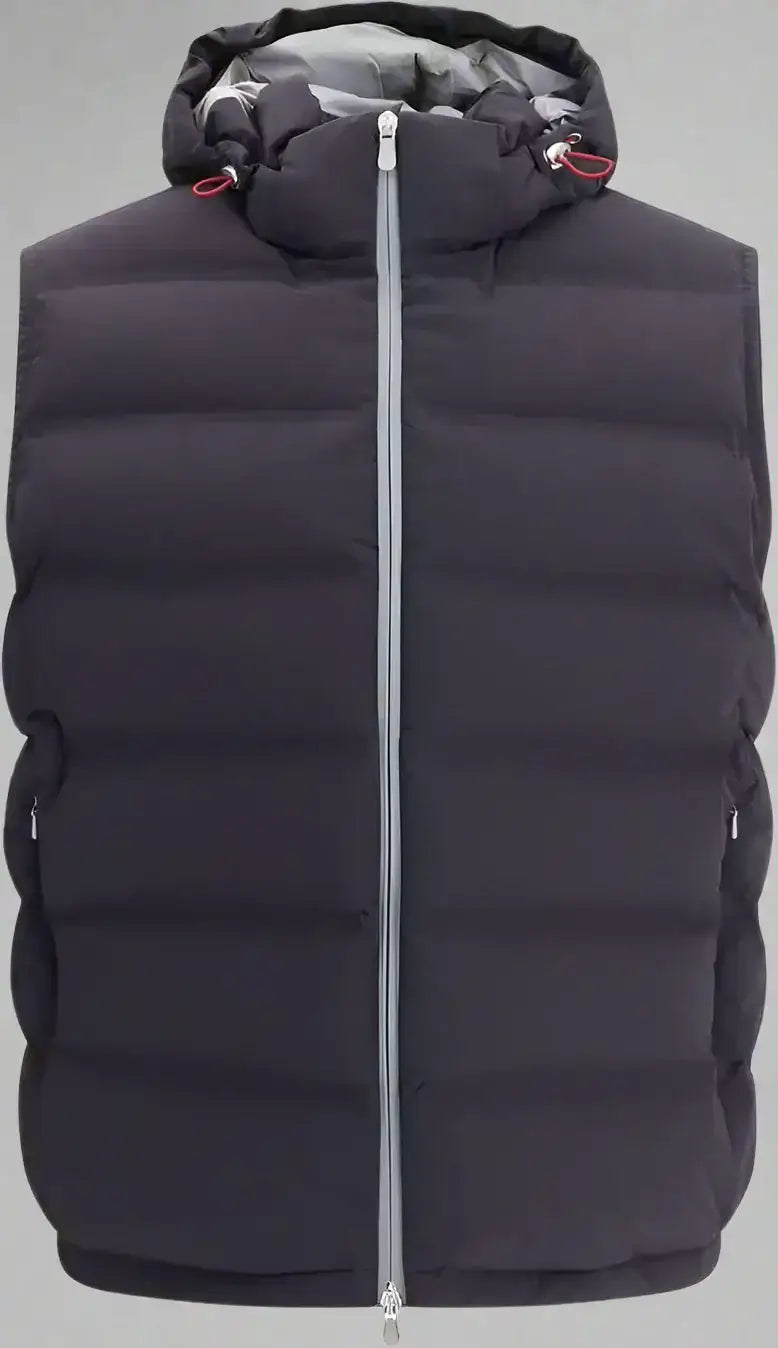 Dark gray Brunello Cucinelli mens hooded puffer vest with light gray zipper