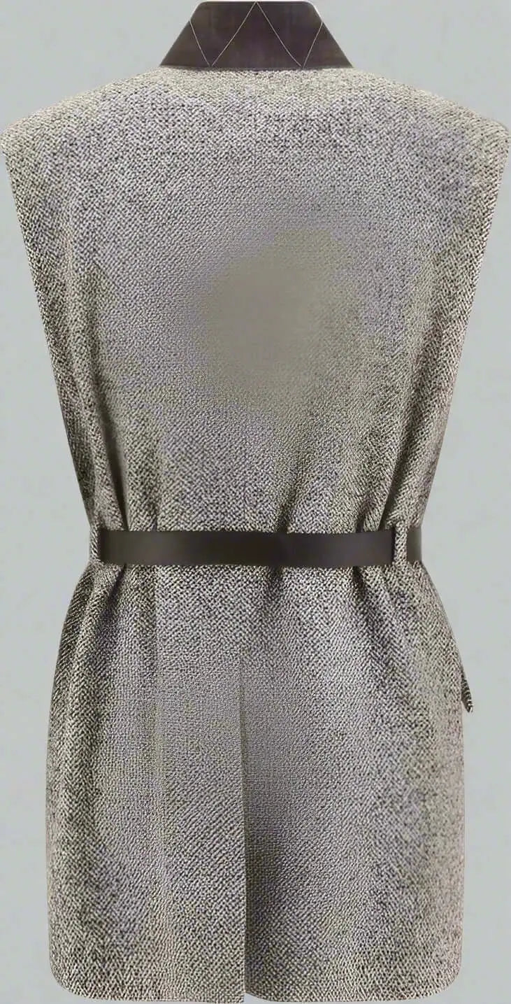 Gray tweed wool gilet with dark brown collar and matching belt for women