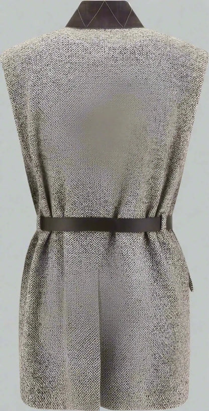 Gray tweed wool gilet with dark brown collar and matching belt for women
