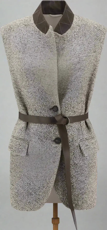 Brunello Cucinelli women’s brown wool gilet with sleeveless design, dark brown collar, and belt