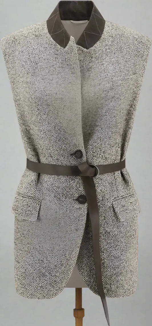 Brunello Cucinelli women’s brown wool gilet with sleeveless design, dark brown collar, and belt